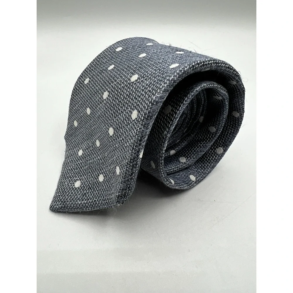 Sacoor Brothers Italy Silk Tie Gray White Polka Dot Hand Finished Luxury Necktie
